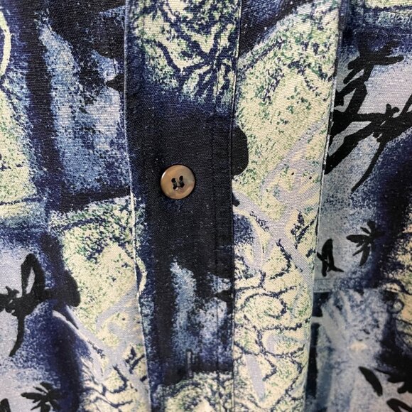 Mens Retro 90s Silk Patterned Blue Button Down Short Sleeve Shirt - Picture 5 of 8